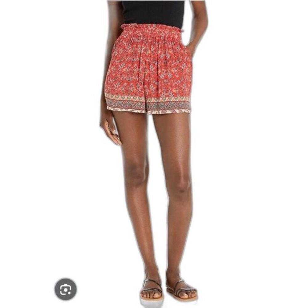 Angie‎ Women's Paperbag Printed Short, Red, Floral, Boho, Festival, Sz M